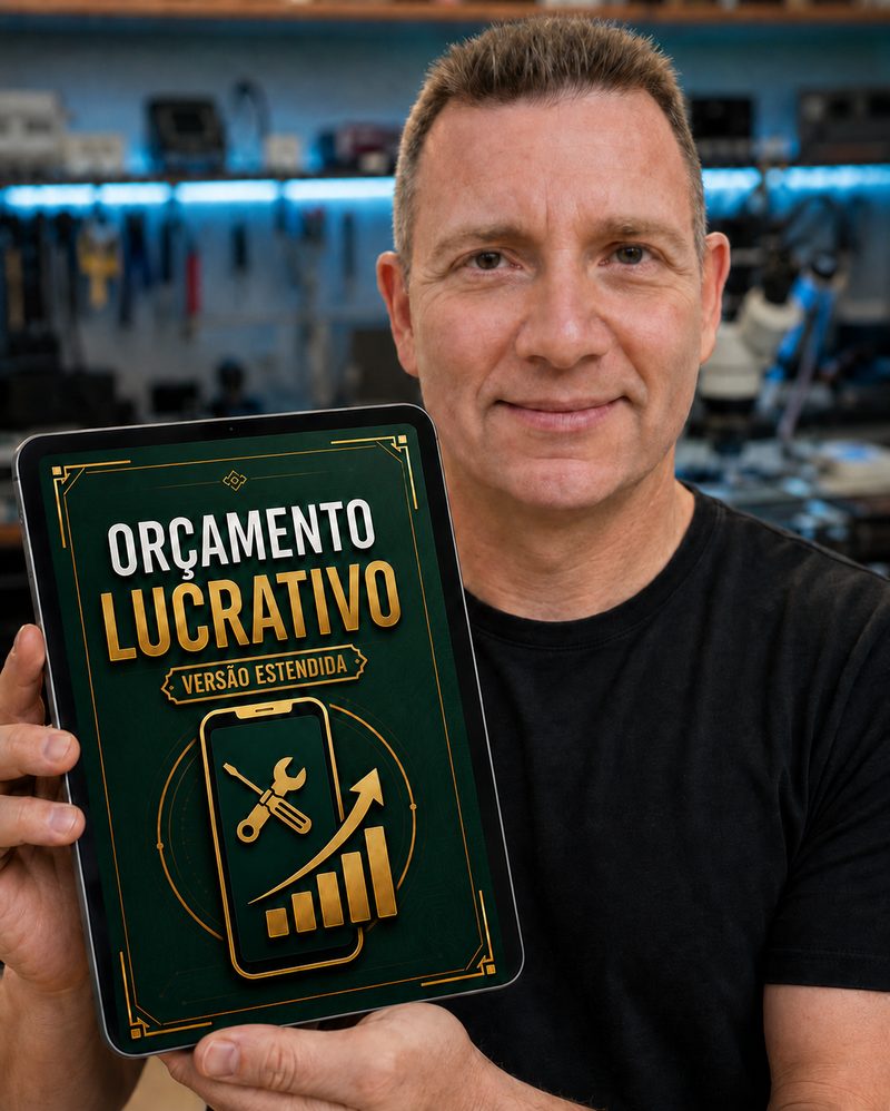 Caio segurando o e-book Orçamento Lucrativo