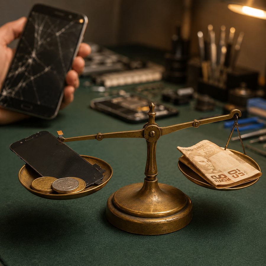 Balança em desequilíbrio com peça de celular e dinheiro — dúvida se o preço está certo