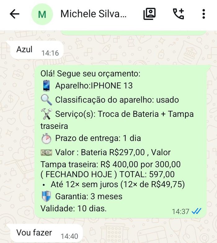 Print de orçamento aprovado no WhatsApp