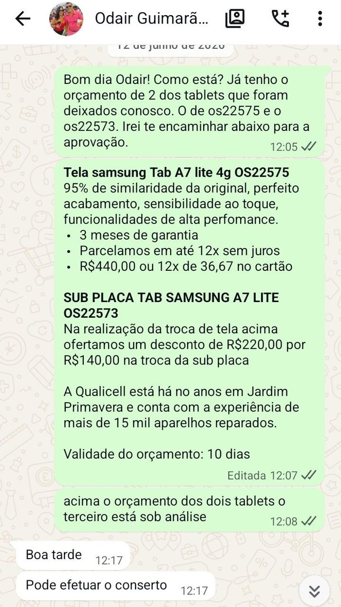 Print de orçamento aprovado no WhatsApp