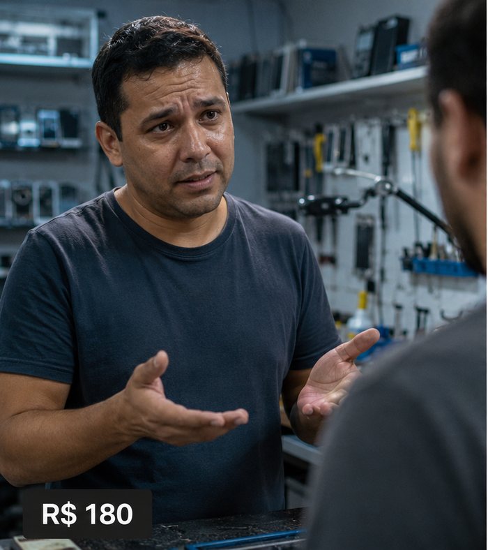 Técnico inseguro, suando, cobrando no chute sem saber se cobria os custos