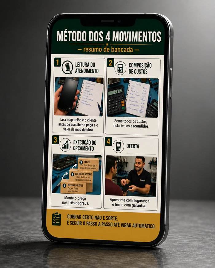 Capa do e-book Orçamento Lucrativo Versão Bancada exibida na tela de um celular, com o resumo do método dos 4 movimentos