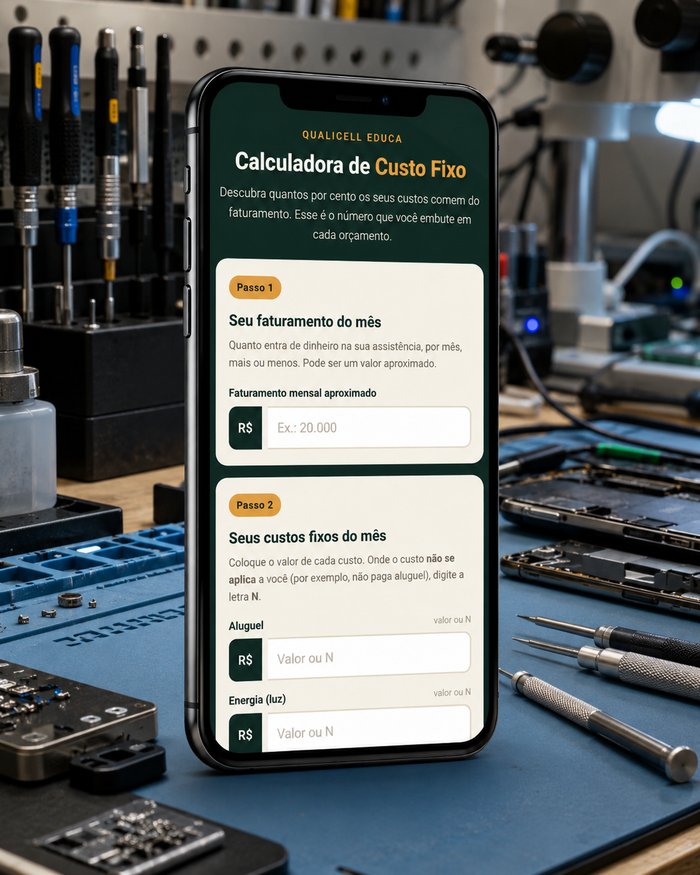 Calculadora de Custo Fixo da Qualicell Educa exibida na tela de um celular