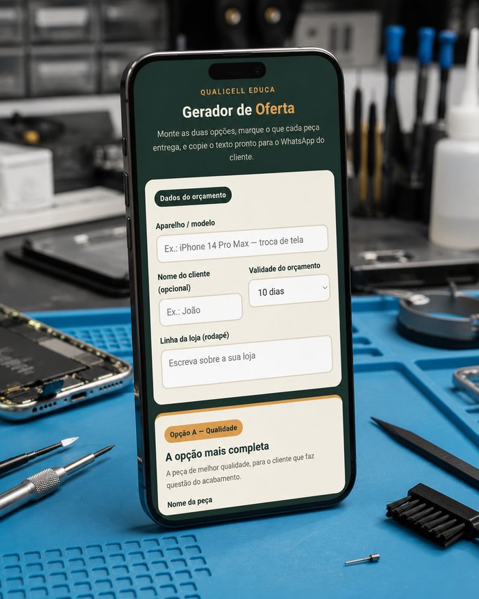 Gerador de Oferta para WhatsApp da Qualicell Educa exibido na tela de um celular